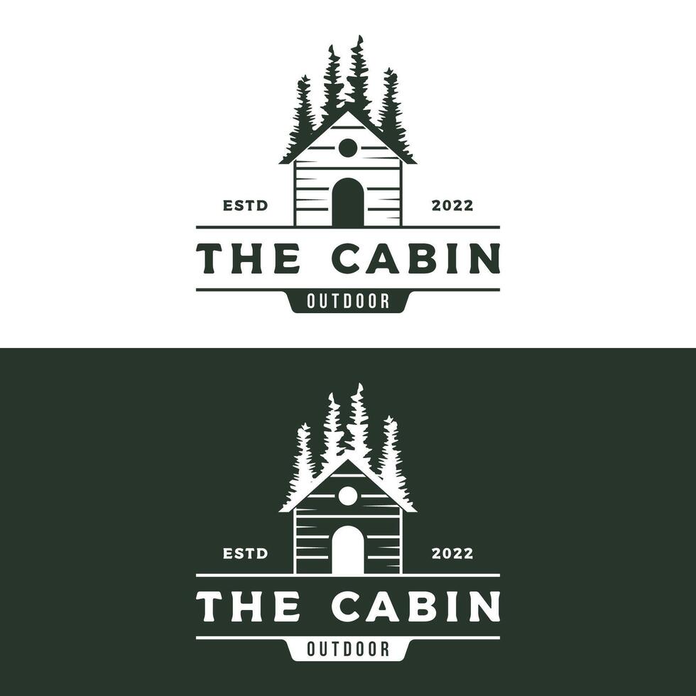 Vintage rustic cabin or cottage logo template design with forest and mountain view. vector