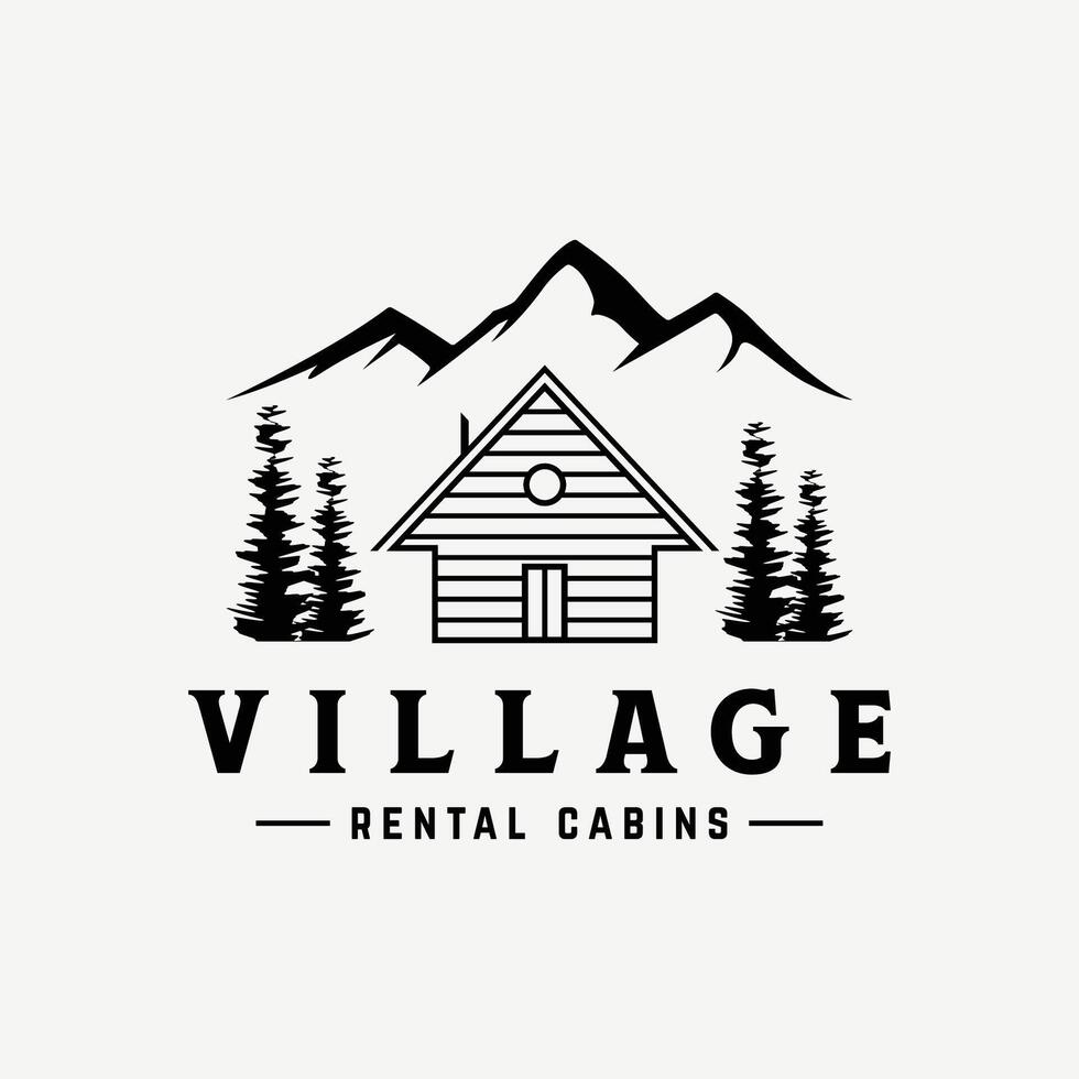 Vintage rustic cabin or cottage logo template design with forest and mountain view. vector