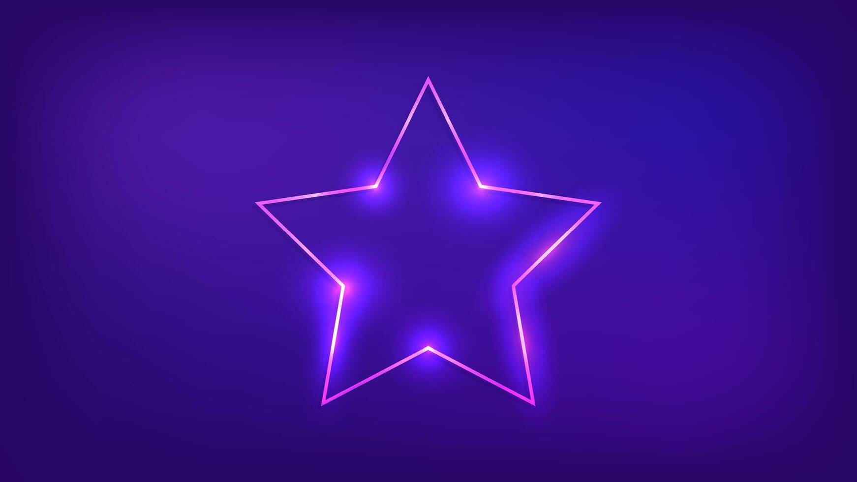 Neon frame in star form with shining effects on dark background. Empty glowing techno backdrop. Vector illustration.