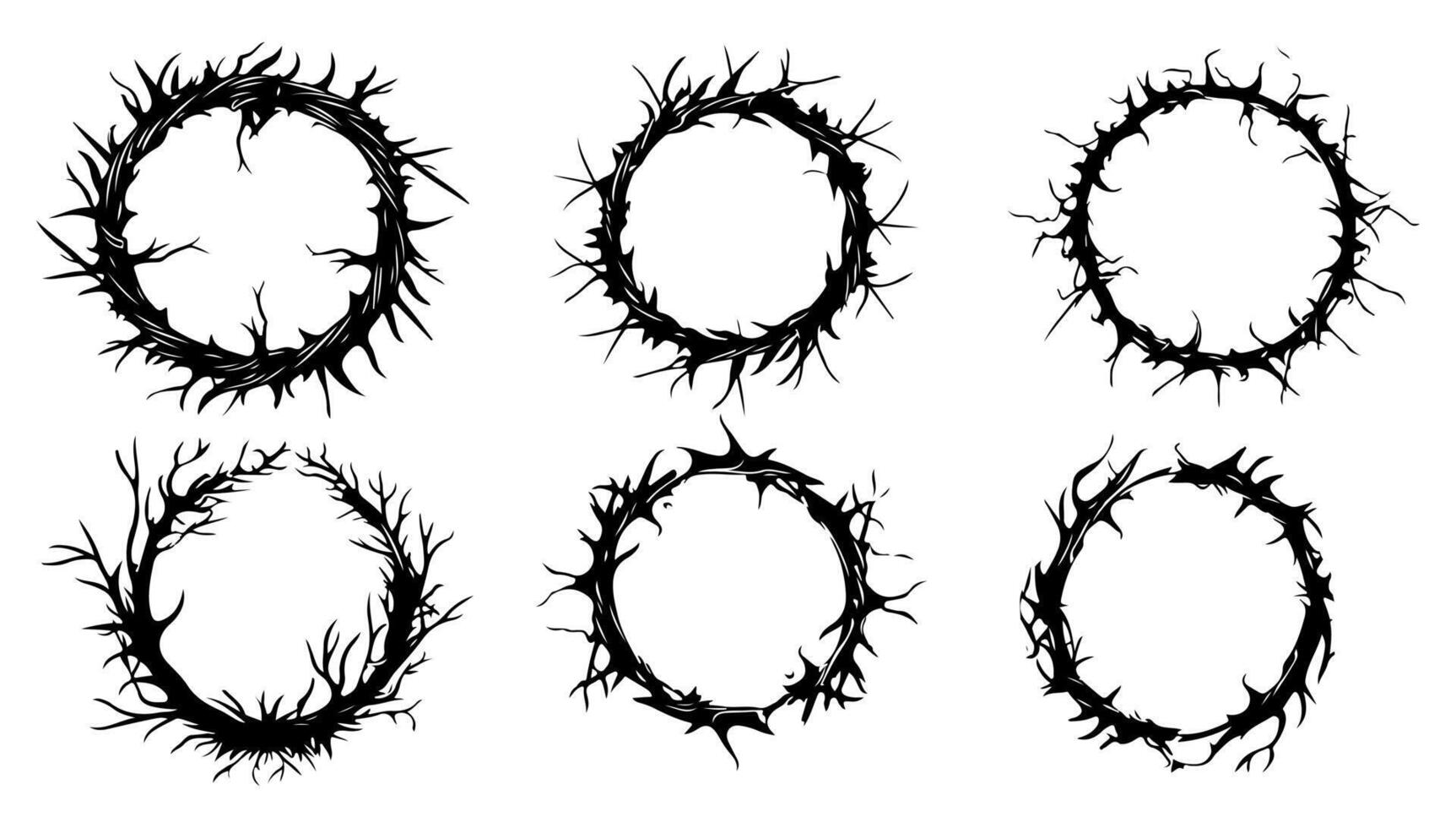 Thorn round frame set, gothic tattoo circle border black and white illustration. Vintage element decorative celtic and tribal. Indian mandala and ottoman shape curly and abstract vector