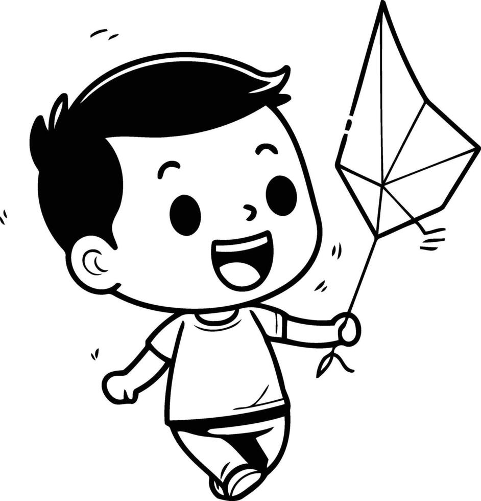 Kid playing with kite. Cute cartoon character illustration. vector