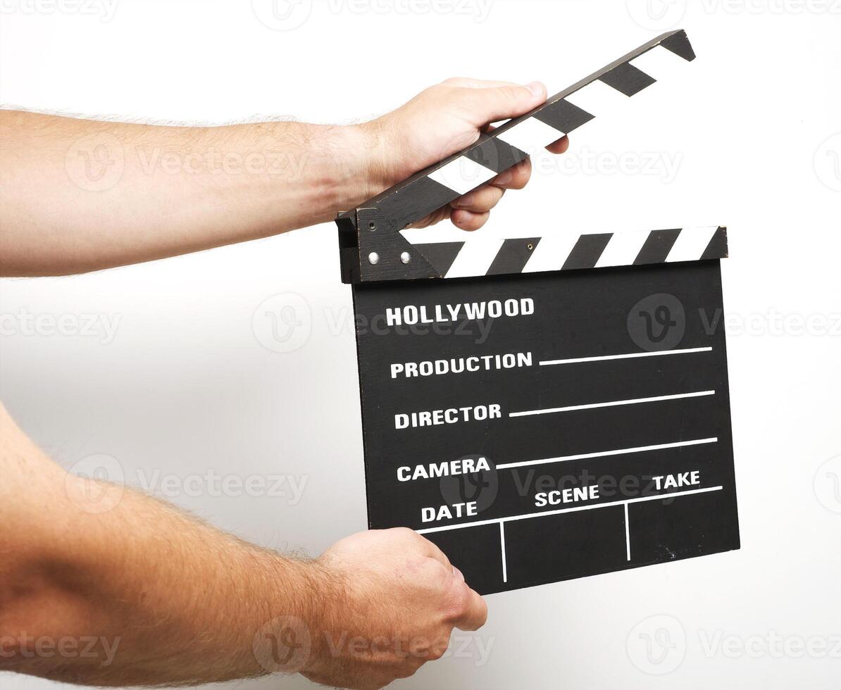A movie production clapstick board. photo