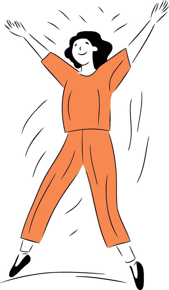 Happy young woman jumping with hands up. Hand drawn illustration. vector