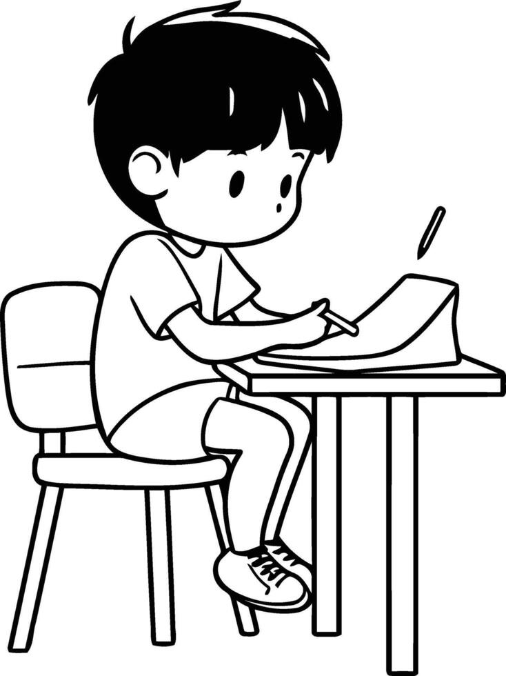 Boy writing on paper of a boy doing homework. vector