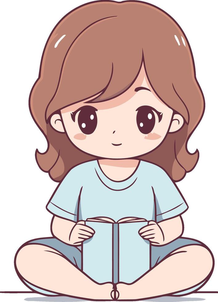 Cute little girl sitting and reading a book. vector