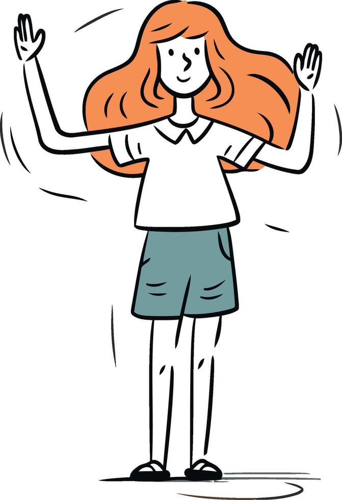 Young woman with red hair waving hand in doodle style. vector