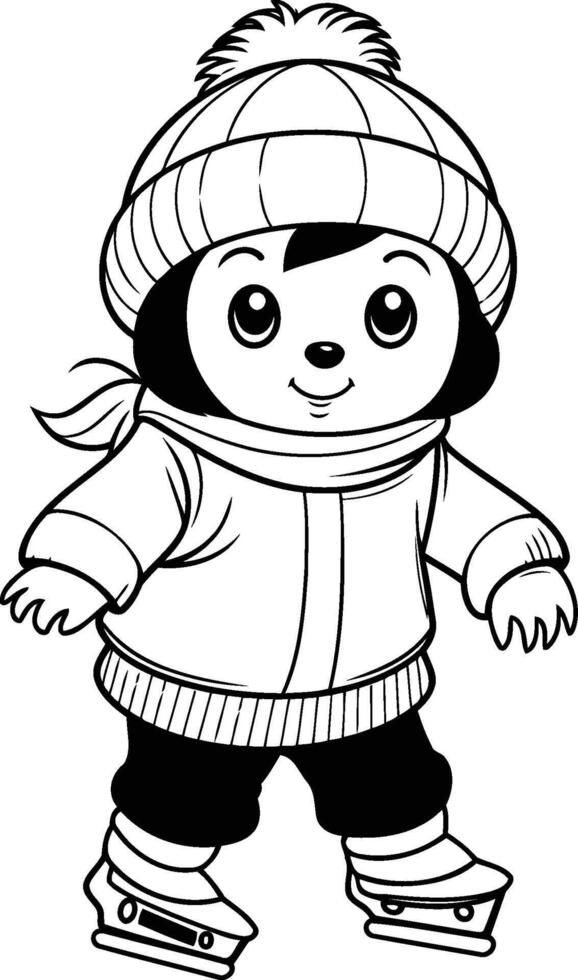 Little girl skating on the ice. Black and white illustration. vector
