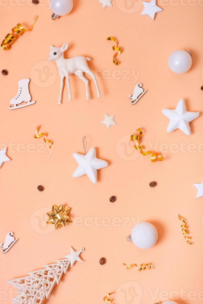 Color Peach for 2024 year with Christmas decorations top view, flat lay. photo