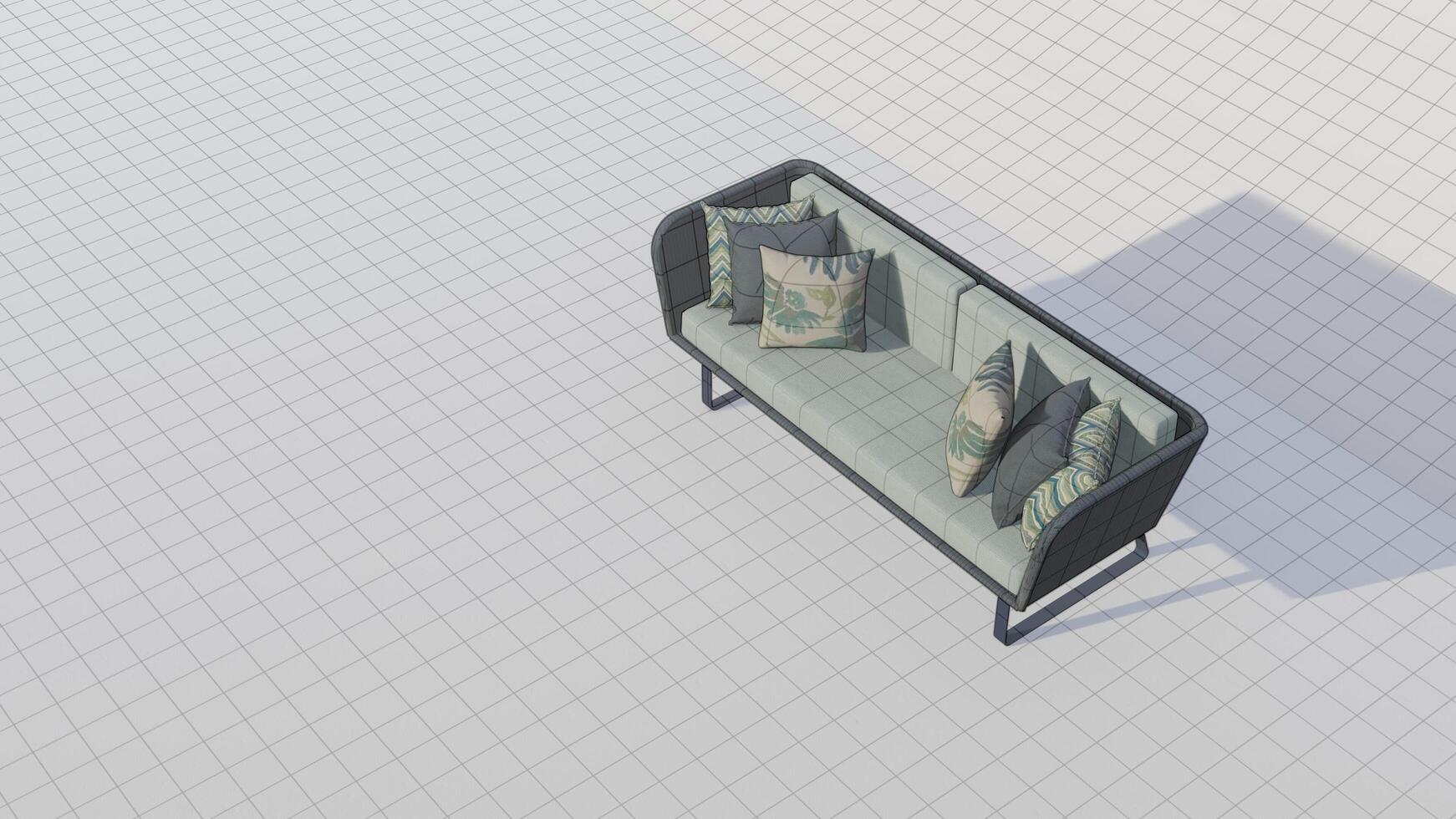 3d rendering 3d rendering pastel green velvet sofa with gray and tropical pillows on blueprint photo