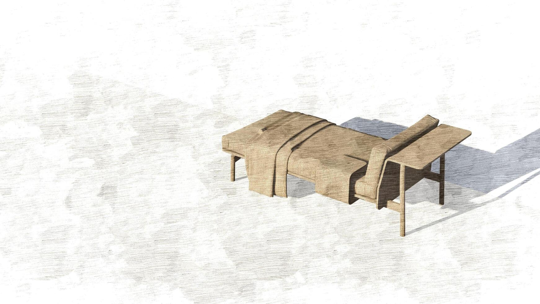 3d rendering a lounge sofa with a backrest on only one side and a coffee table attached on sketch photo