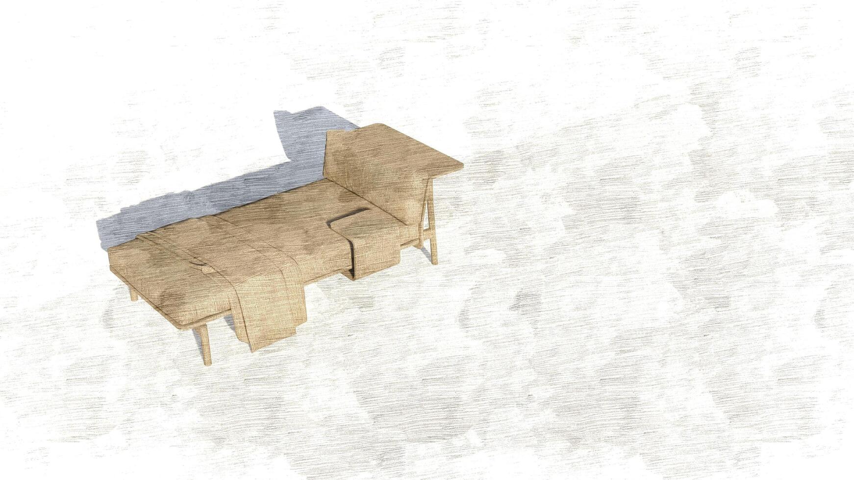 3d rendering a lounge sofa with a backrest on only one side and a coffee table attached on sketch photo