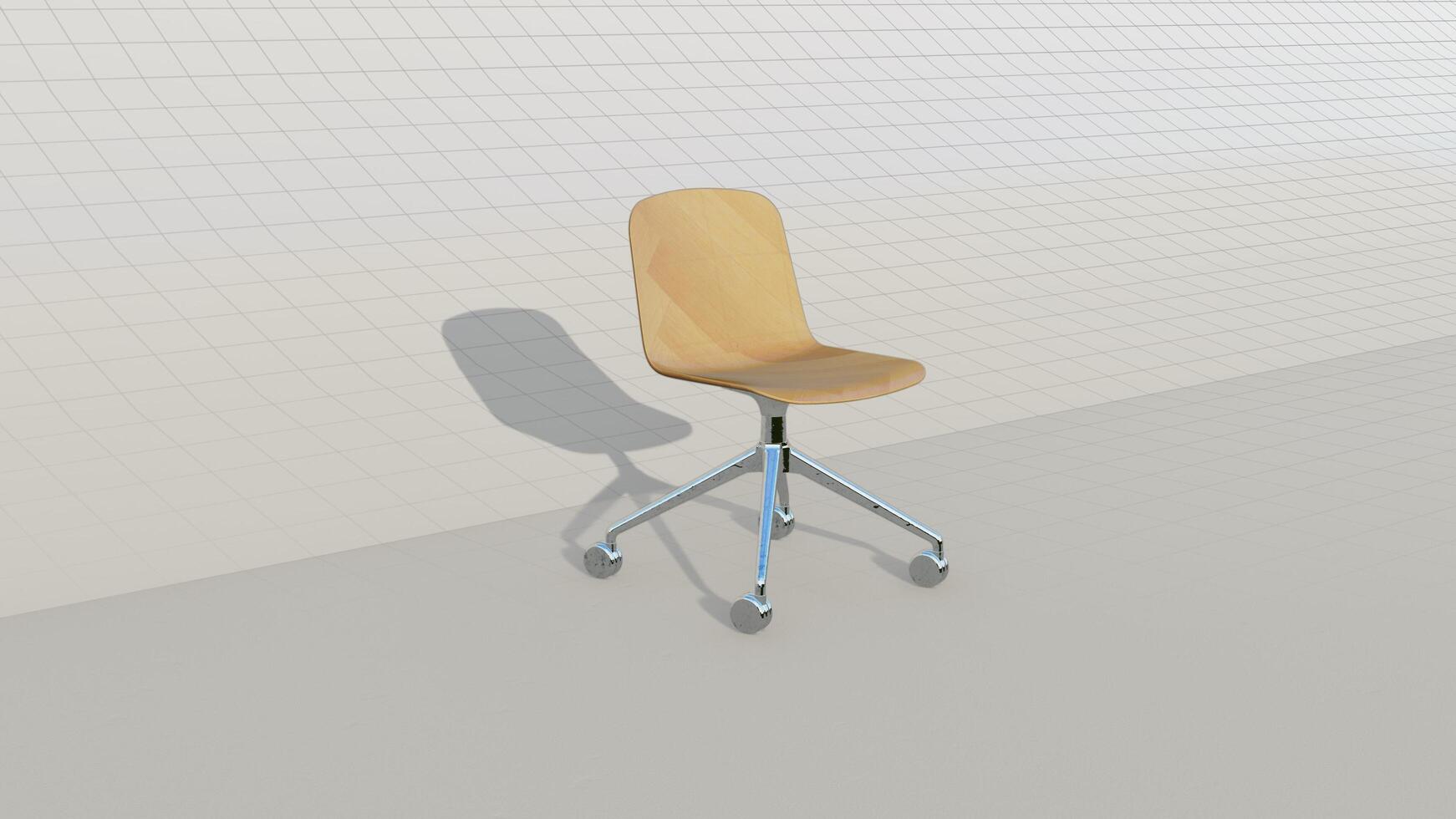 3d rendering single minimalist office chair with glossy wood and 4 wheelchair legs on blueprint photo