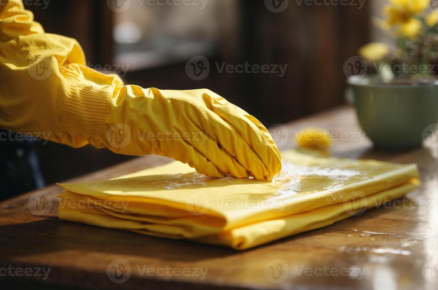 Woman wearing yellow glove and using wet wipe table photo