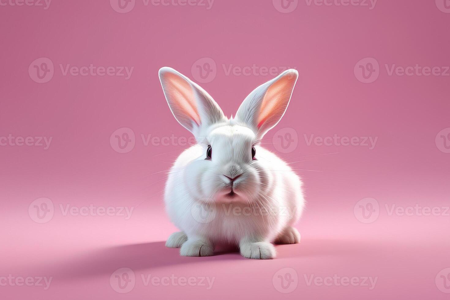 Close-up of a white fluffy rabbit on a pink pastel background. Easter bunny for Easter. photo