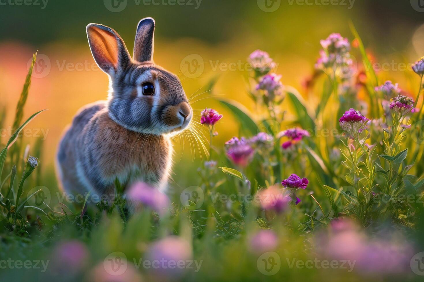 Rabbit on the lawn with flowers at sunset photo