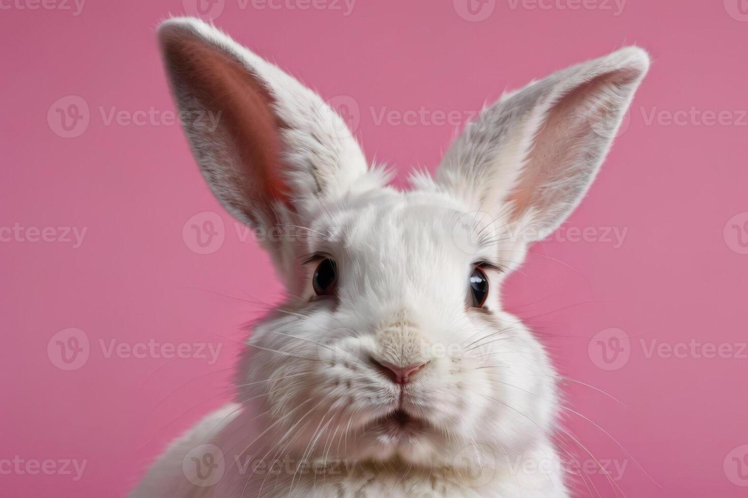 Close-up of a white fluffy rabbit on a pink pastel background. Easter bunny for Easter. photo