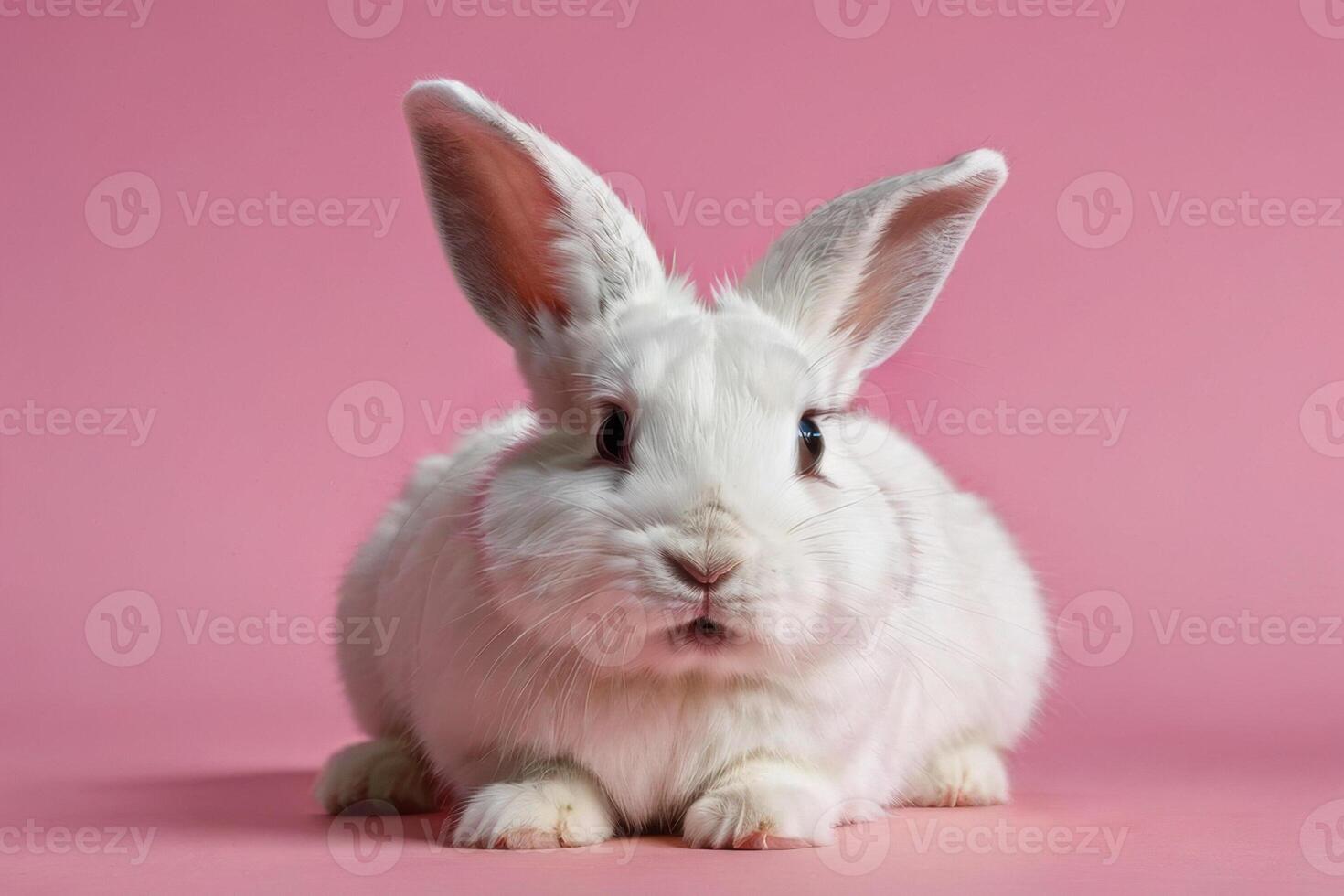 Close-up of a white fluffy rabbit on a pink pastel background. Easter bunny for Easter. photo