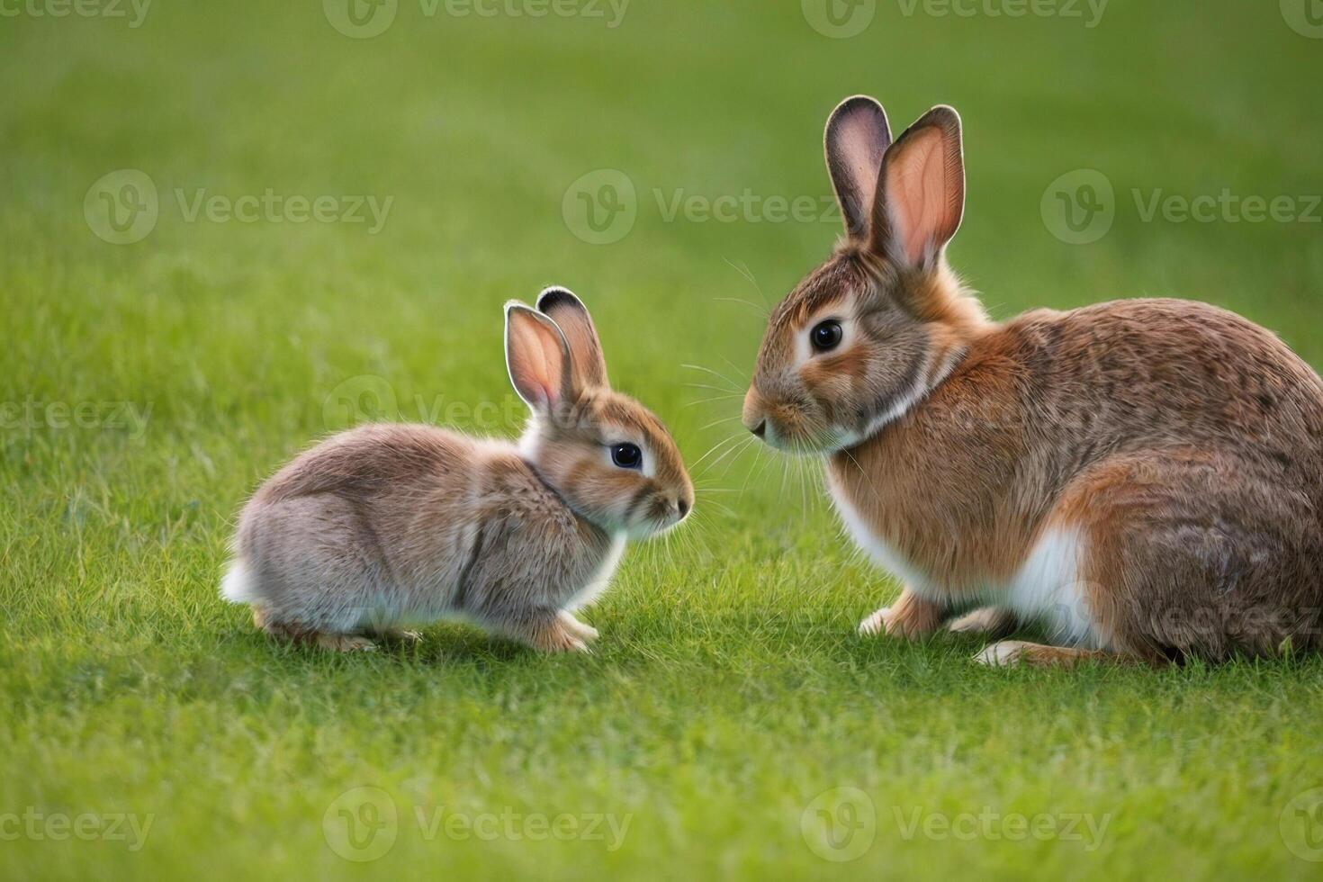 Rabbits. Mother rabbit and baby rabbit on a green meadow. Spring flowers and green grass. photo