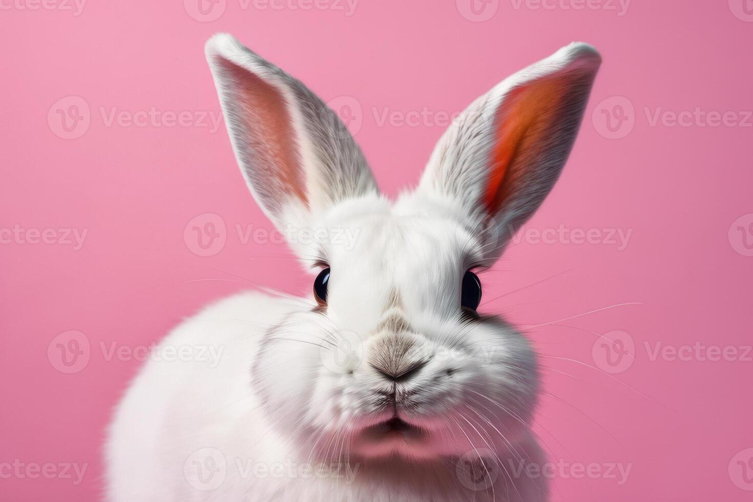 Close-up of a white fluffy rabbit on a pink pastel background. Easter bunny for Easter. photo