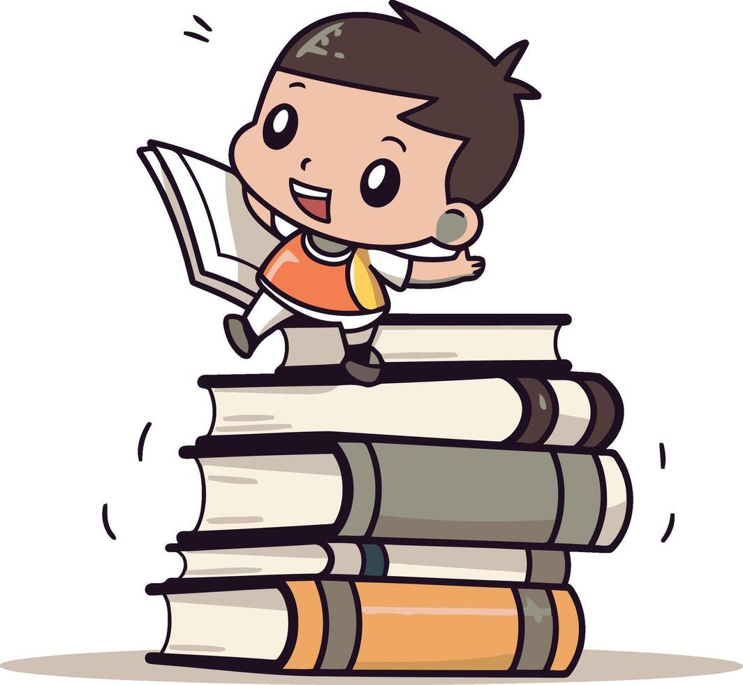 Boy reading a book on stack of books. cartoon illustration. vector