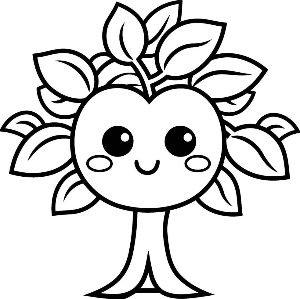 Coloring book for children apple tree. Cartoon style vector