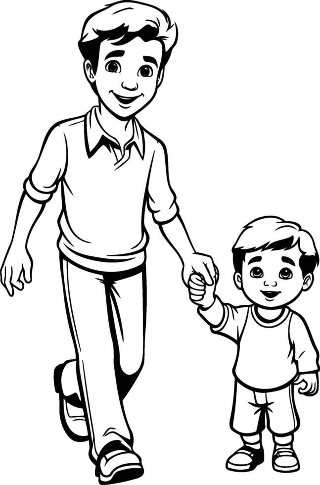Father and son walking together. Black and white. vector