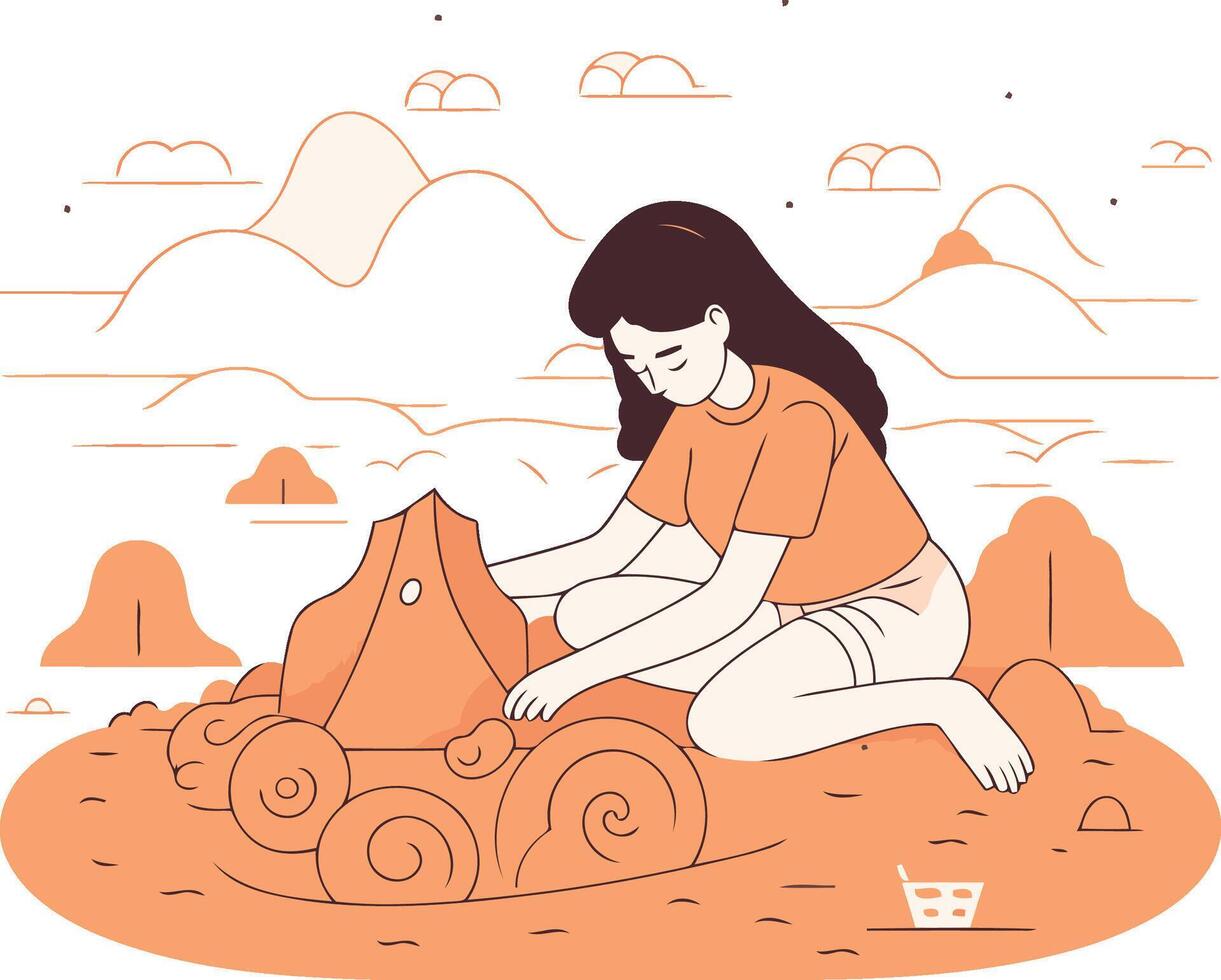 illustration of a girl sitting on the sand and playing with a toy car vector