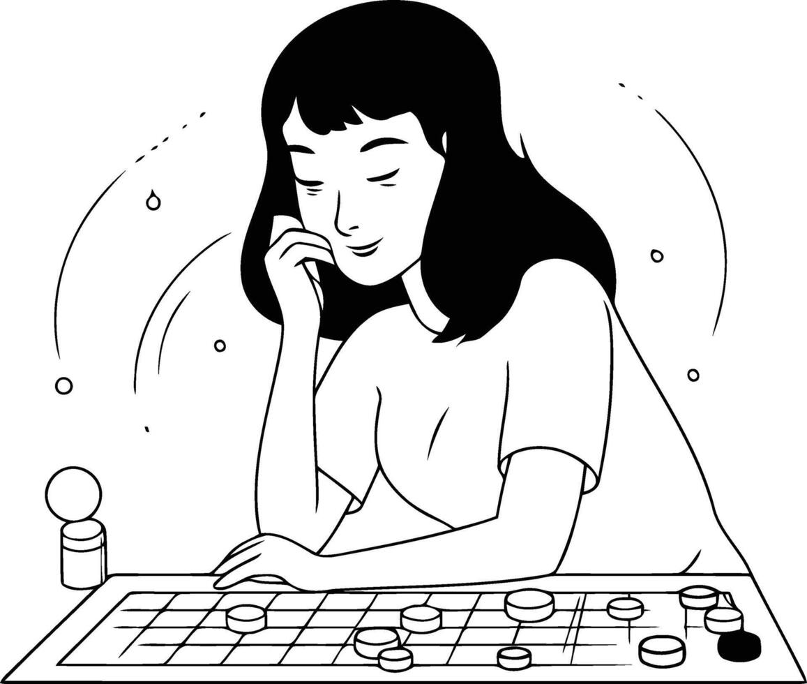 Young woman playing chess of a woman playing chess. vector