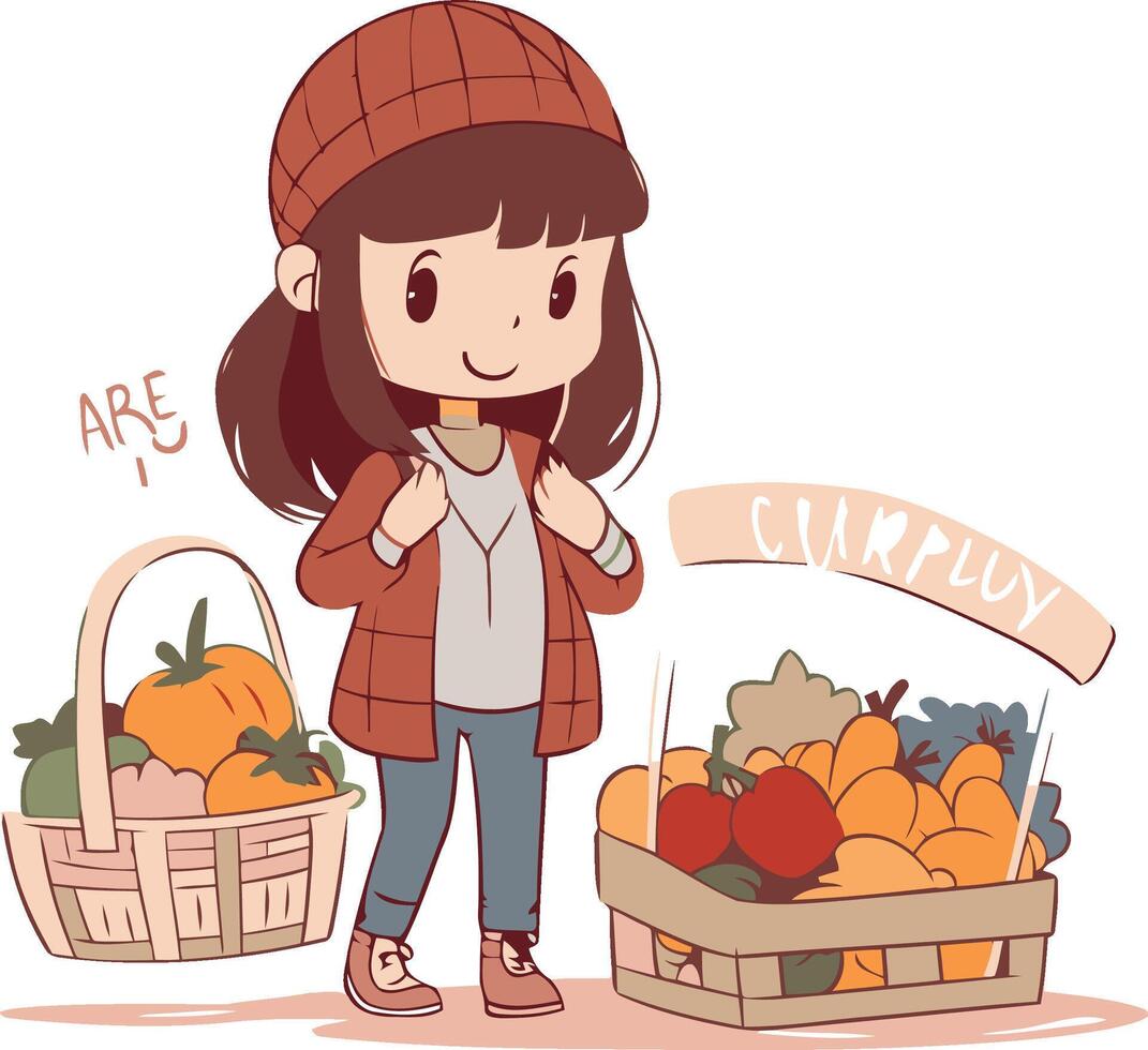 illustration of a girl with a basket of fruits and vegetables. vector
