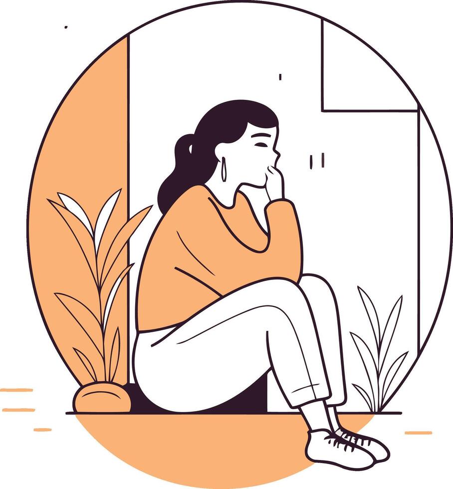 Sad woman sitting on the floor in front of the window vector