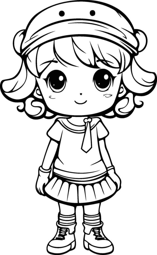 Cute little girl in a cap for coloring book. vector