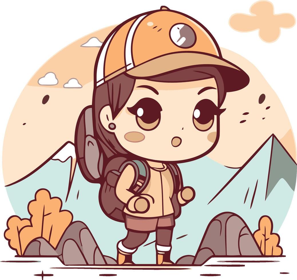 Cute little boy with a backpack in the mountains vector