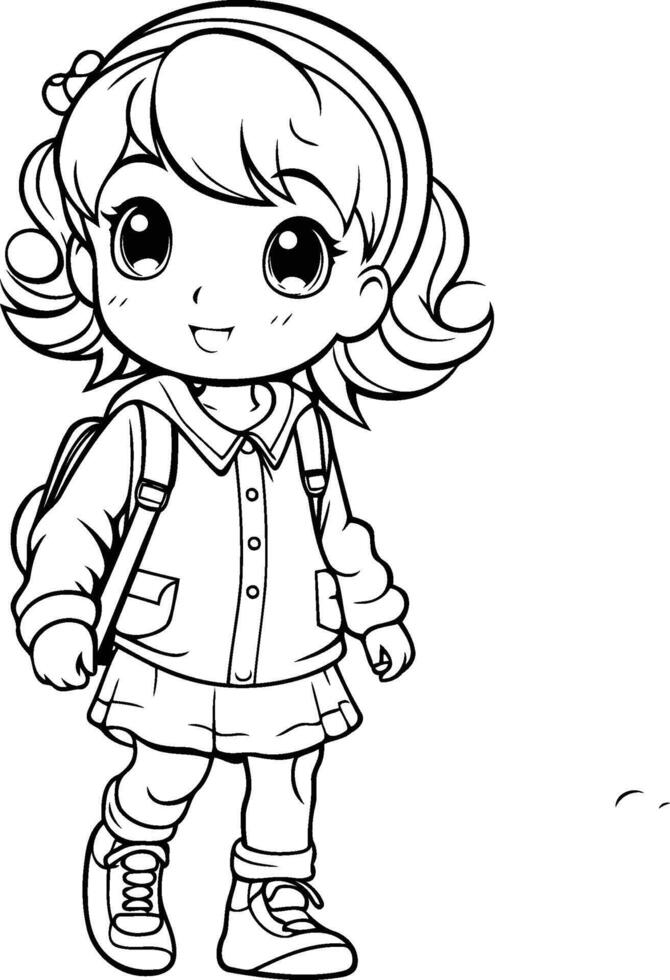 Cute little girl going to school for coloring book. vector