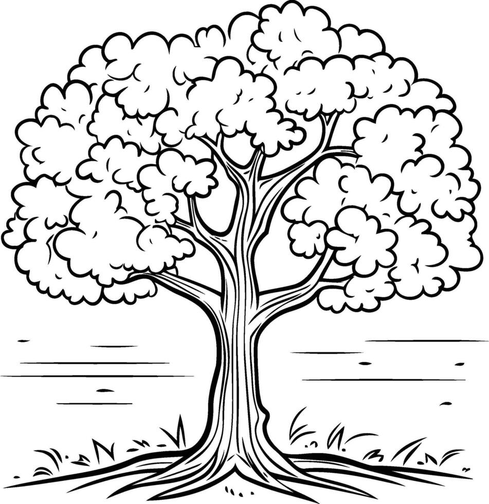 Illustration of a black and white oak tree on a field. vector