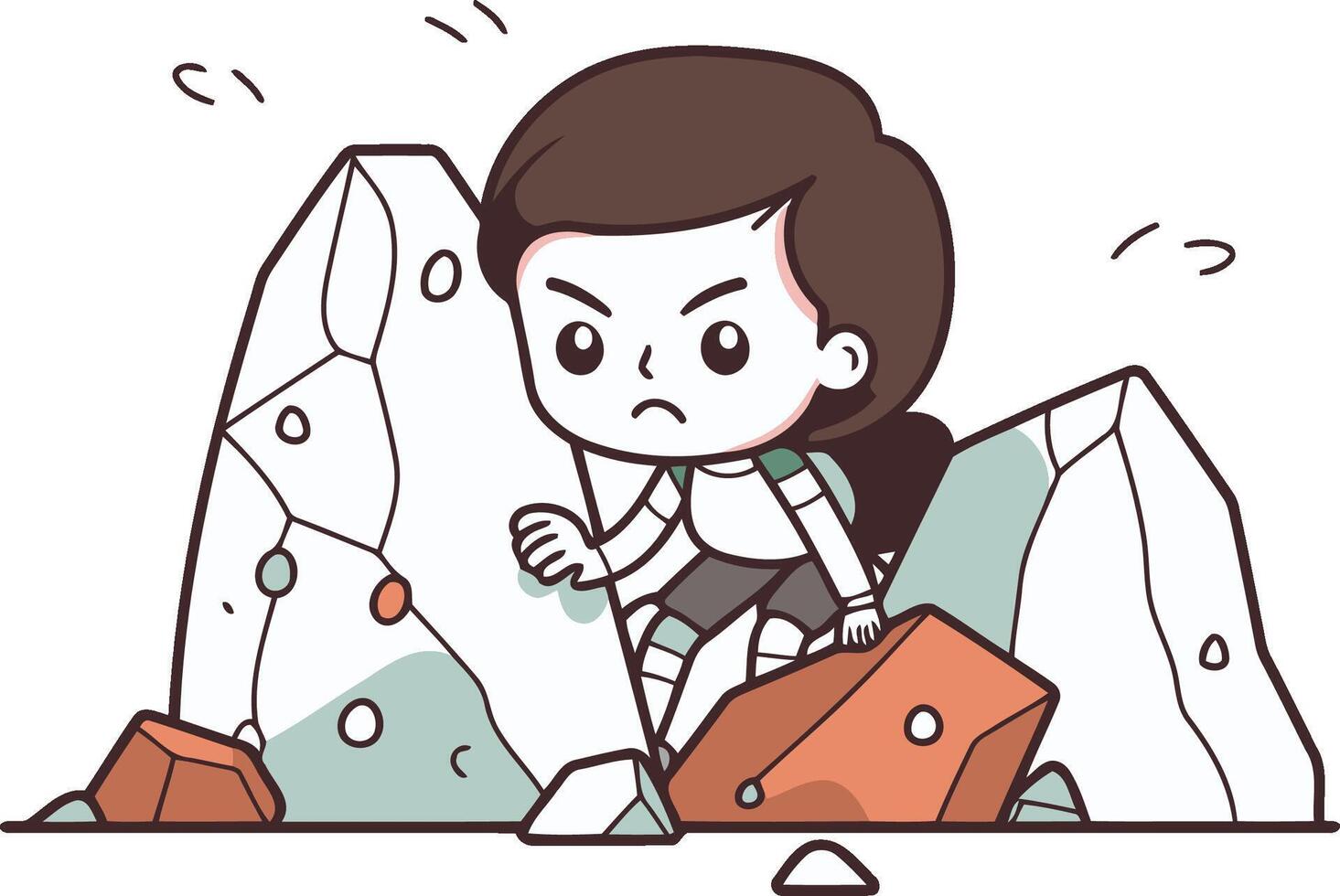 Little boy sitting on rock and holding briefcase. vector