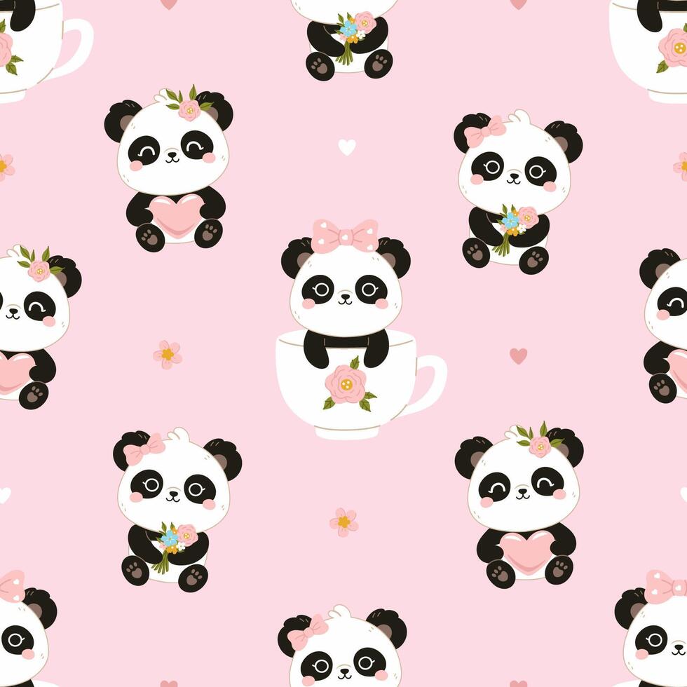 Seamless pattern with cute kawaii panda girls. graphics. vector