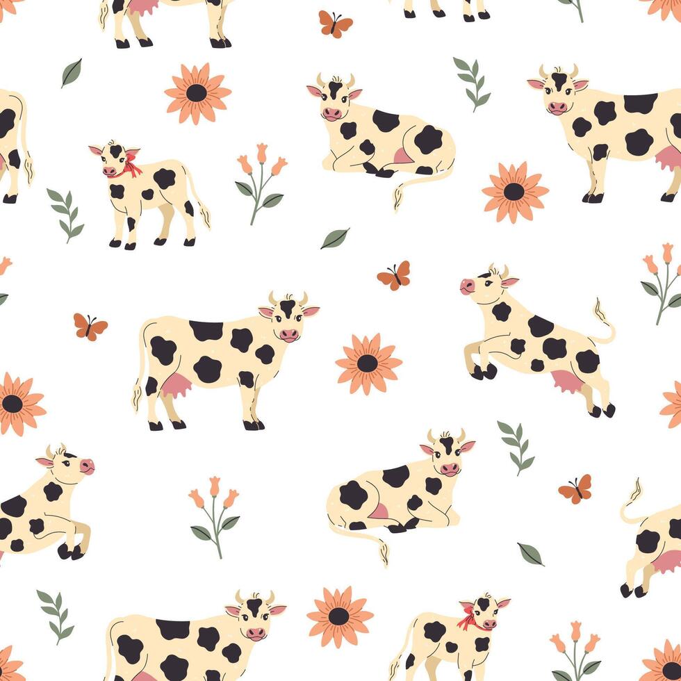 Seamless pattern with cows and flowers. graphics. vector
