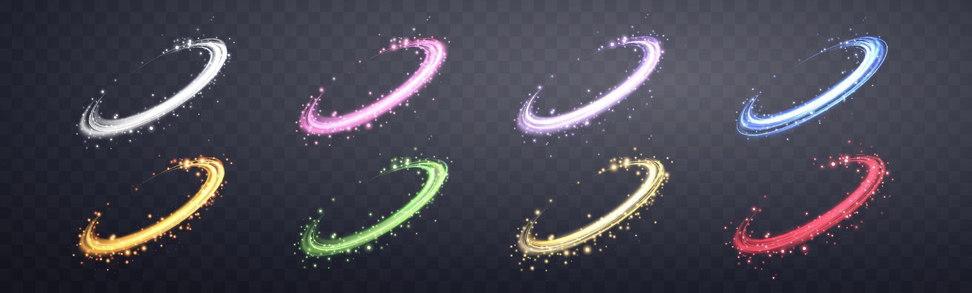 Glowing magic rings set. Neon realistic energy flare rings with sparkling particles. Abstract light effect vector