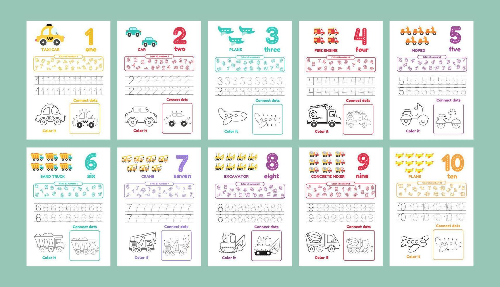 Activity worksheets for kids education with many exercises. Learning numbers from 1 to 10. Trace, color, dot to dot on one page vector