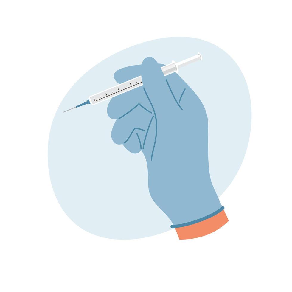Hand in rubber gloves holding syringe with liquid to inject medicine to patient. Healthcare concept vector