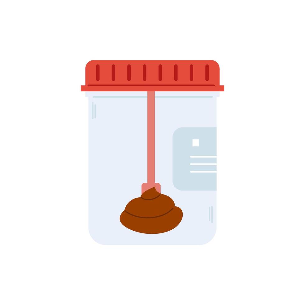 Stool analysis. Test tube with biological material. Poop test. Plastic container with feces sample vector