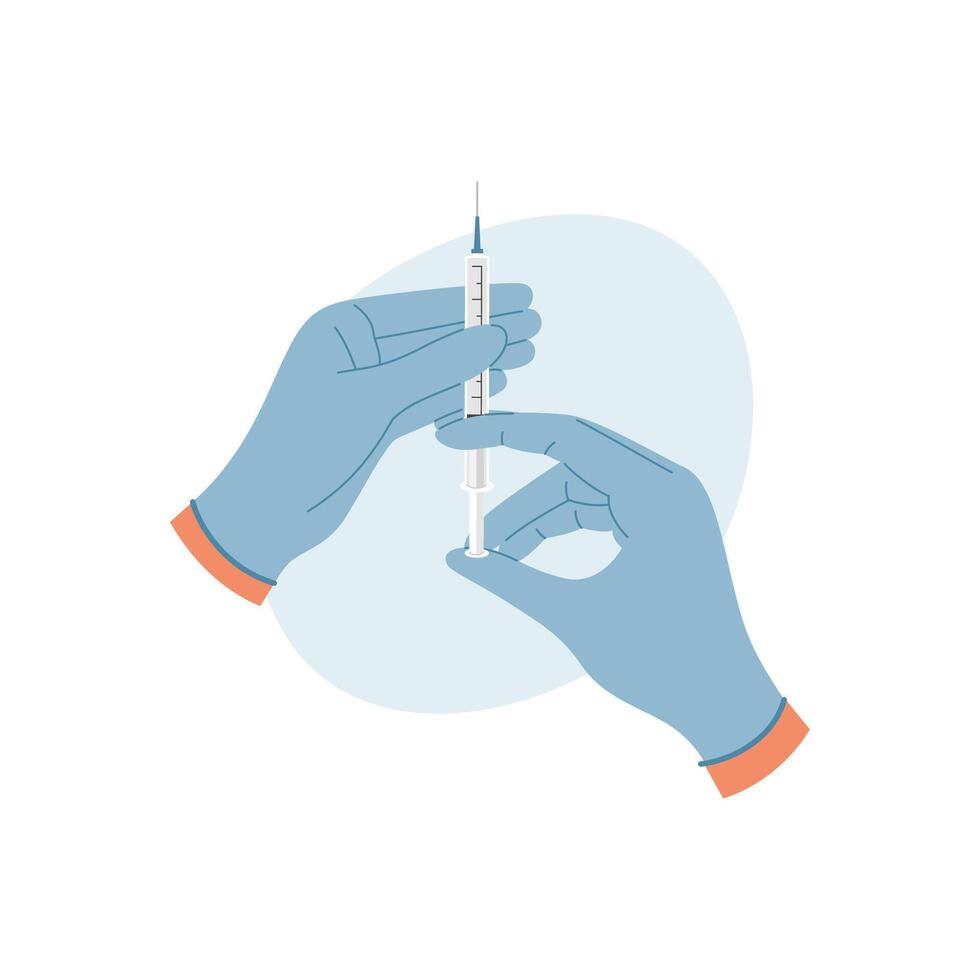 Doctor hands with syringe with vaccine. Nurse hand in medical gloves hold syringe and ampoule with medicine. Vaccination concept vector