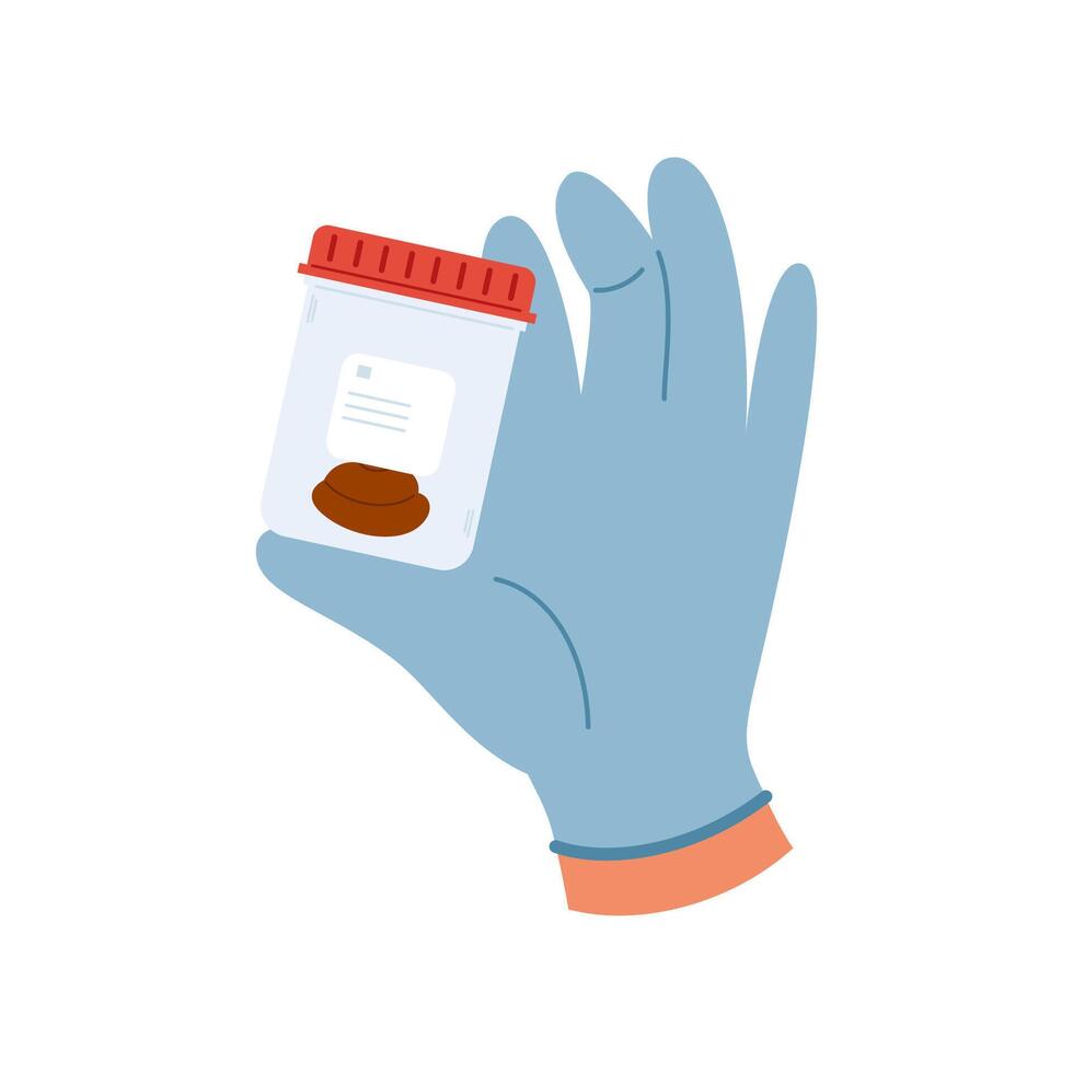 Hand in a blue glove holding plastic container with feces sample. Stool analysis vector