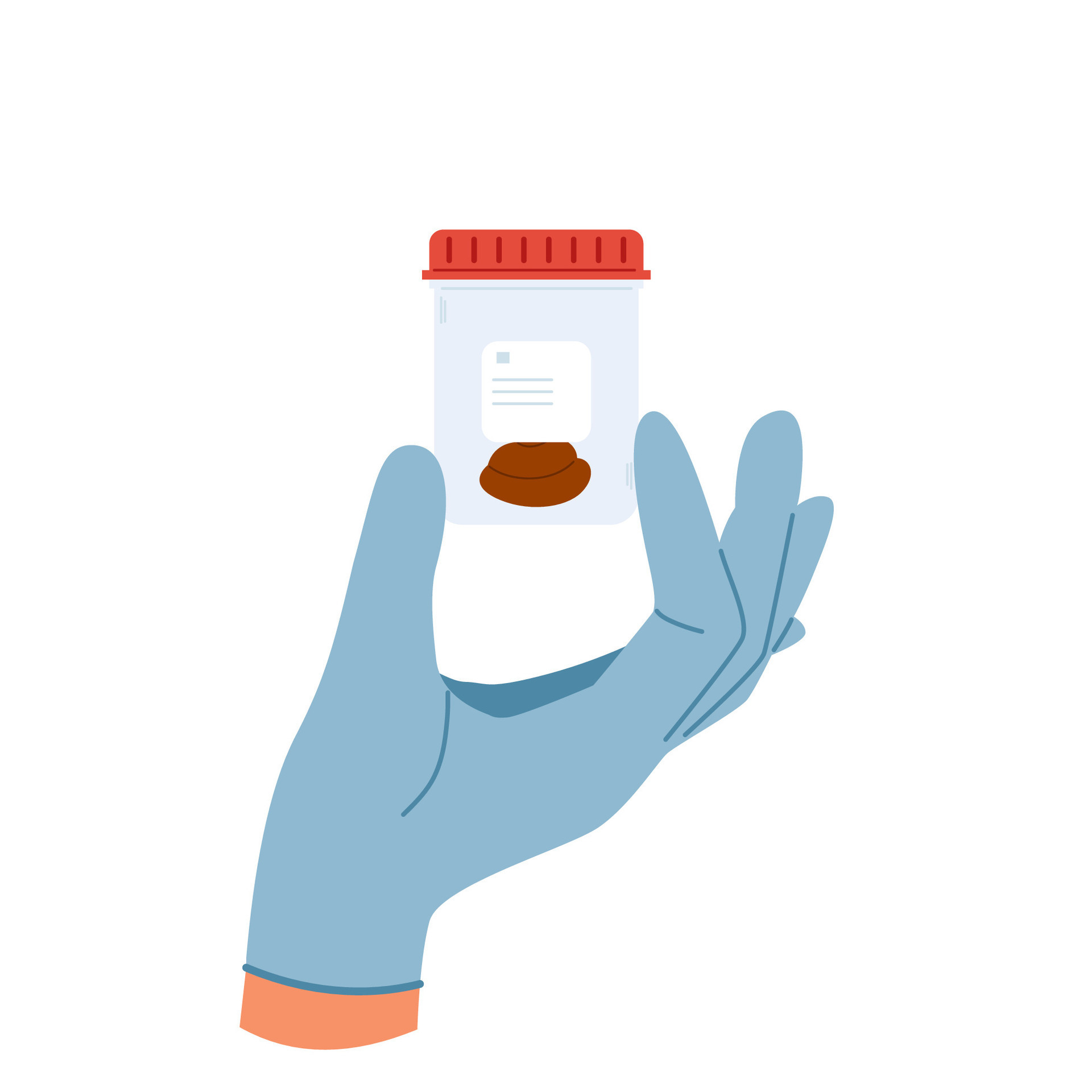 Stool analysis. Test tube with biological material in hand. Poop test. Plastic container with