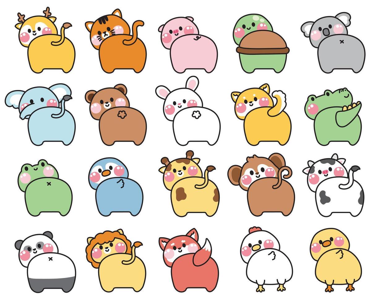 Set of cute animals greeting show back side on white background.Character cartoon hand drawn collection.Wild,farm,pet,reptile animal design.Kawaii.Illustration. vector