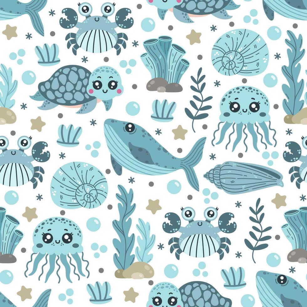 Wild ocean life seamless pattern. Sea animals - blue whale, cute turtle, funny jellyfish and crab. Underwater reef pets among seaweed, shells, corals, starfish. Hand drawn marine background vector