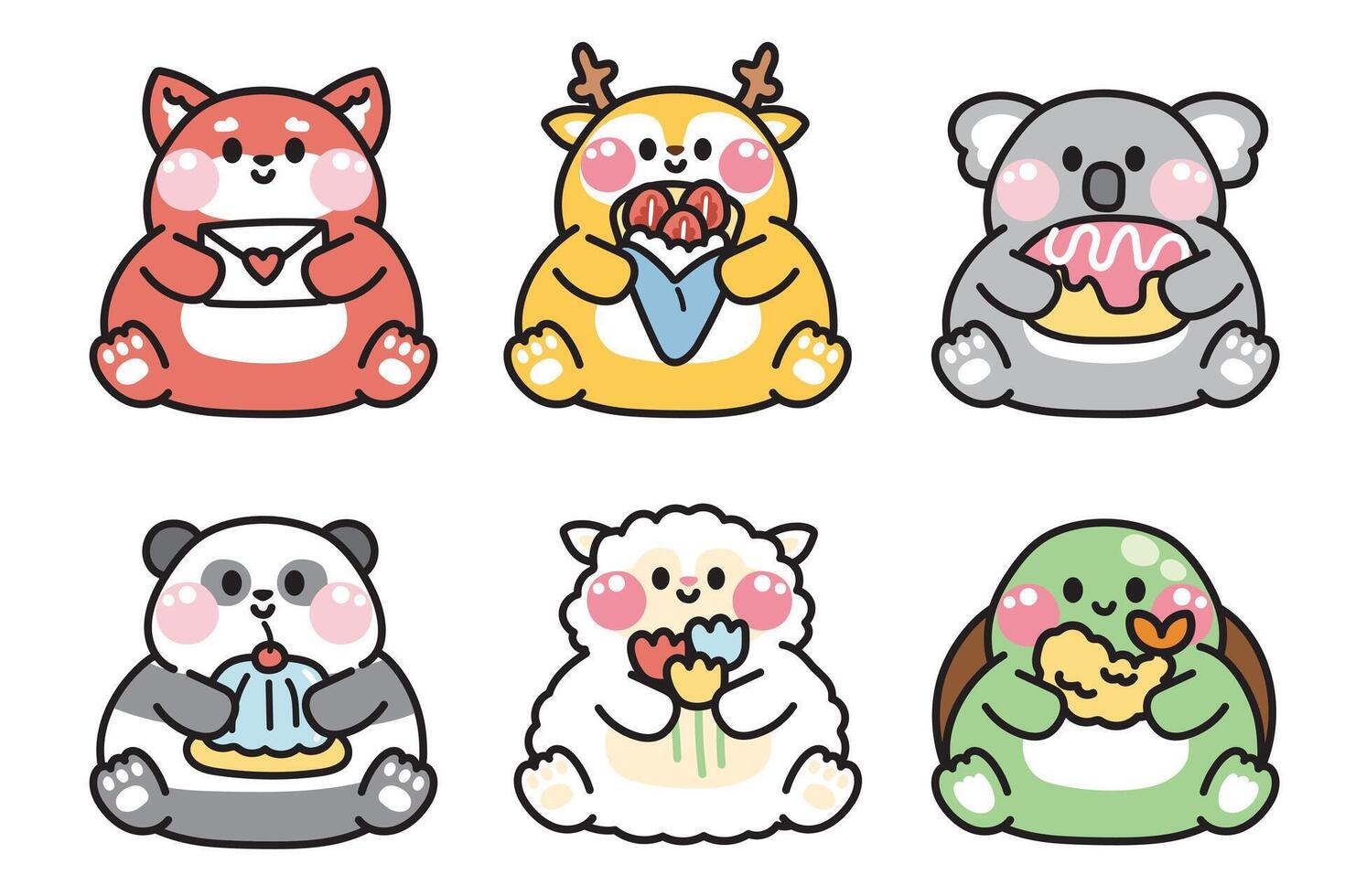 Set of cute animals lay and hold various obeject on white background.Fox,deer,koala bear,panda,sheep,turtle hand drawn.Cartoon character design.Kawaii.Illustration. vector