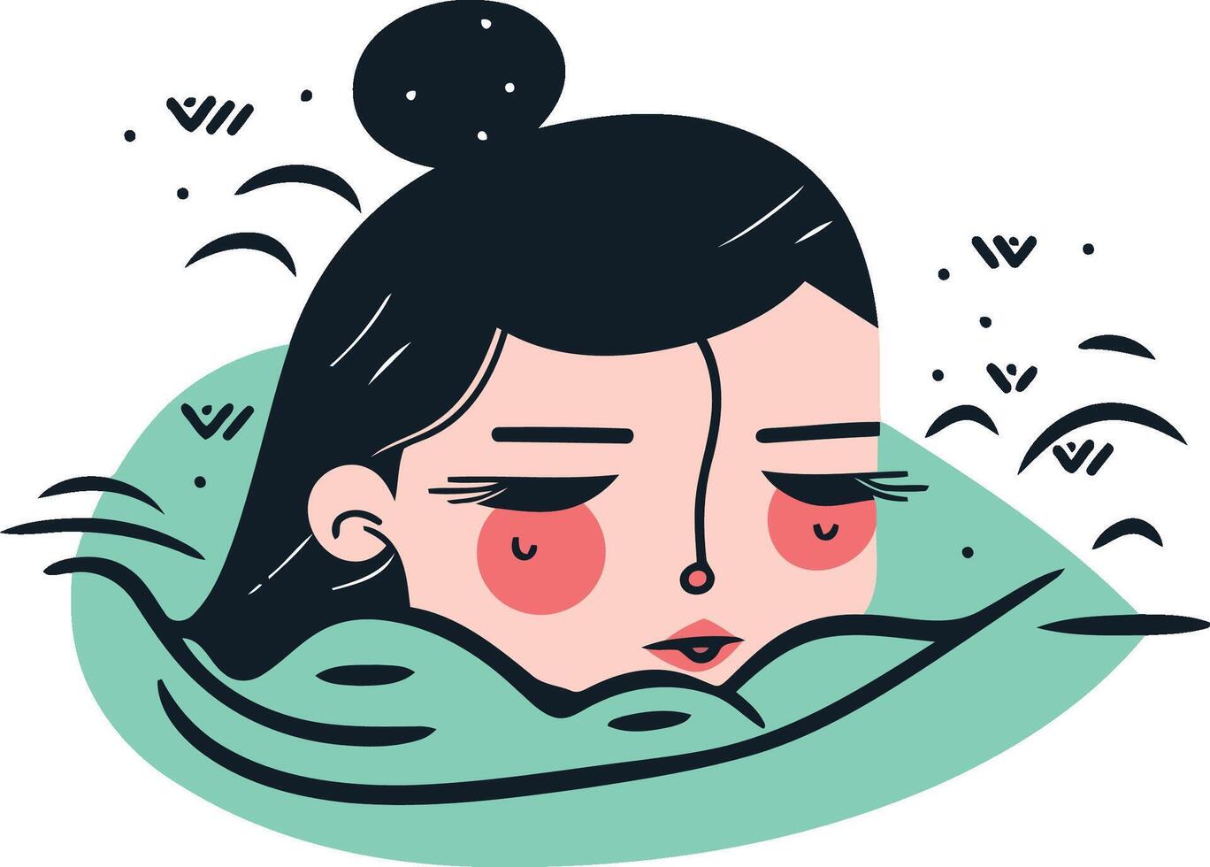 illustration of a woman drowning in the sea. Cute cartoon character with eyes closed. vector
