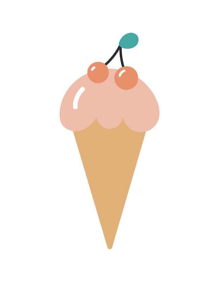 Ice cream with cherry. Flat cartoon illustration isolated on white background. For card, posters, stickers, banners, printing on the pack, printing on clothes, fabric, wallpaper. vector