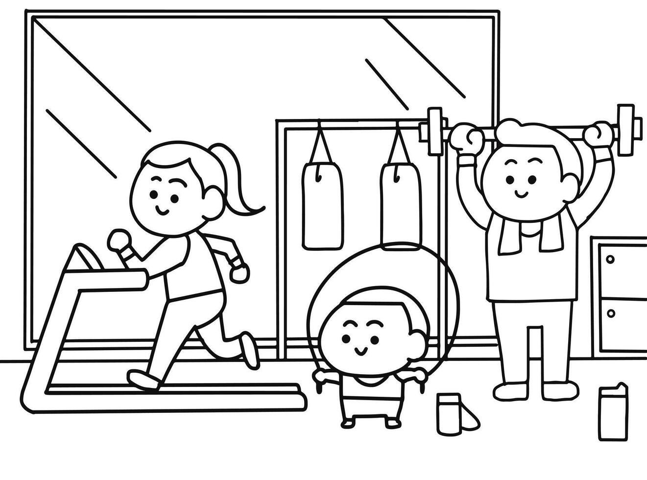 Family workout at gym coloring pages style. vector